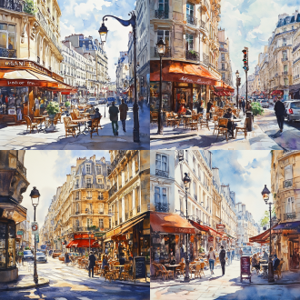 水彩画，巴黎街景，十字路口，红绿灯，街道上人来人往，车辆，古老的路灯，街边的商店，咖啡桌椅，阳光洒在古老建筑上，蓝天白云。细节丰富，色彩温暖，远景透视，水彩风格。 透视线，细节，温暖色调，浪漫，唯美。 水彩 街景 阳光照射 全景 莫兰迪色 巴洛克建筑
