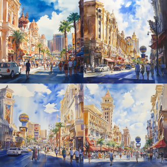水彩画，美国拉斯维加斯街景，街道游人，车辆，仿照世界各地的建筑，街边的商店，阳光洒在古老建筑上，蓝天白云。细节丰富，色彩温暖，远景透视，水彩风格。 透视线，细节，温暖色调，浪漫，唯美。 水彩 街景 阳光照射 全景 莫兰迪色 巴洛克建筑