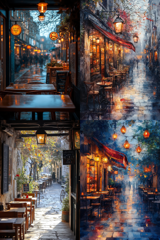 水彩画风格咖啡馆位于街旁拱廊下，侧视视角，中焦拍摄，极简构图留白，柔和色调，散景效果，暖光，静谧，文艺。