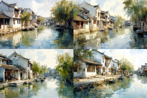 江南水乡美景水彩画，全景，蜿蜒水巷伴河边卵石路，白墙黑瓦古建筑，绿树小船，蓝天白云，柔光，色彩清新，宁静，湿画法。 水彩