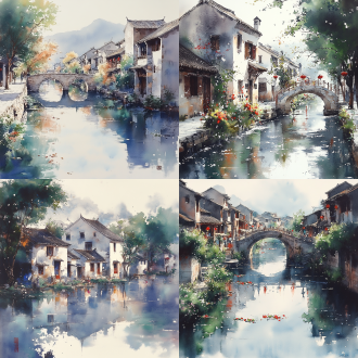 江南水乡美景水彩画，三分构图，河网纵横，古朴建筑，淡雅色调，长焦镜头，自然光，宁静，诗意，朦胧感。 水彩
