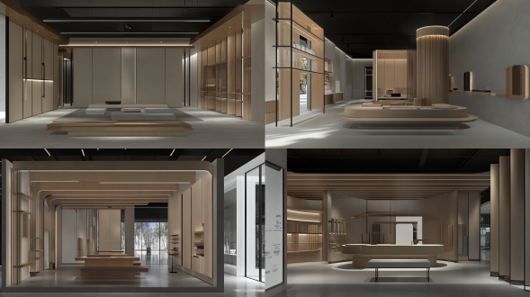 木作展厅，宽敞明亮，现代简约风格，展示各种精致木制家具，自然光充足，广角镜头，柔和光线，细节丰富，棕色调，宁静和谐。