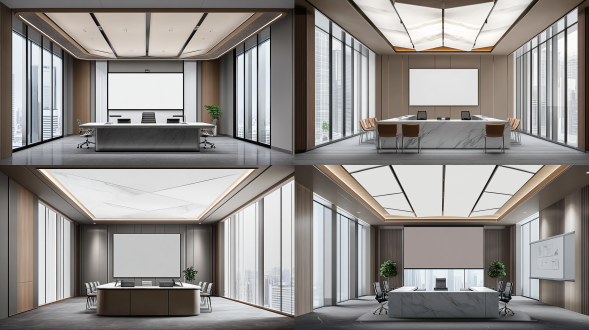 高级感会议室，现代简约风格，大理石桌面，金属椅，落地窗，城市景观，广角镜头，柔和自然光，对称构图，冷静氛围，灰色调，专业感。