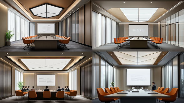 高端会议室，橙色椅子，宽敞明亮，现代简约风格，长方形桌子，玻璃窗，自然光，广角镜头，高清晰度，细节丰富，专业氛围，商务人士，专注表情，深色西装，白色衬衫，领带，会议讨论，决策场景。