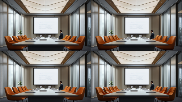 高端会议室，橙色椅子，宽敞明亮，现代简约风格，长方形桌子，玻璃窗，自然光，广角镜头，高清晰度，细节丰富，专业氛围，商务人士，专注表情，深色西装，白色衬衫，领带，会议讨论，决策场景。