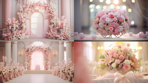 婚礼花艺布置，对称构图，浪漫风格，室内宴会厅，柔和光线，长焦镜头，自然光，慢快门，鲜花，蝴蝶结，粉色系，幸福氛围。