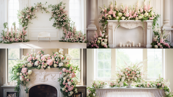 婚礼花艺布置，对称构图，浪漫风格，宴会厅内，柔和光线，长焦镜头，自然光，细节丰富，鲜花，绿叶，白色与粉色，幸福氛围。
