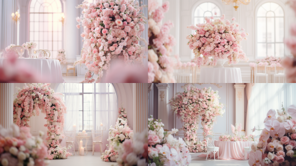 婚礼花艺布置，对称构图，浪漫风格，室内宴会厅，柔和光线，长焦镜头，自然光，慢快门，鲜花，蝴蝶结，粉色系，幸福氛围。