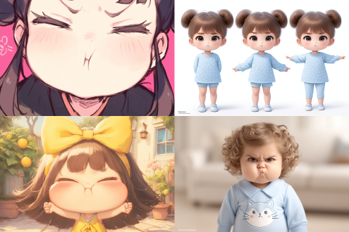 可爱，萌萌的，小女孩，正脸，面向镜头，胖乎乎的，卡通系列，穿着裙子，撅撅嘴，微微的笑