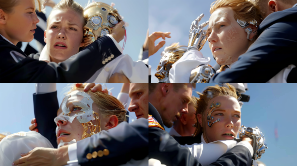 in style of mélanie delon：，面向镜头，机械部件解剖，将人物场景与机械、机器人元素融合在一起，精致的材料，淡金色和白色，梦幻和浪漫，射线追踪，c4d渲染风格，虚幻引擎，自然光照明，极致细节，背景虚化