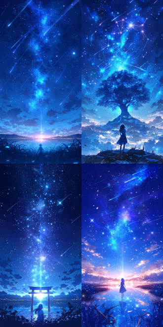 宇宙星空，makoto shinkai风格，ross tran色彩，方形构图，成熟美丽调色板，星辰瓶，2019年动漫风格，特写镜头，bian shoumin变体，壮丽全景图像，dribbble平台，深蓝色调，夜晚与黎明黄昏，星轨系列，日夜交替。