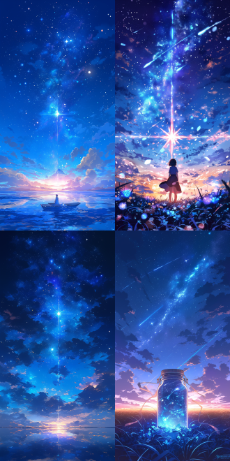 宇宙星空，makoto shinkai风格，ross tran色彩，方形画布，成熟美丽调色板，星辰瓶，2019年动漫风格，特写镜头，边寿民笔触，多样变化，壮观全景图像，dribbble设计，深蓝夜空，黎明黄昏，星轨线条，系列作品，日夜交替。