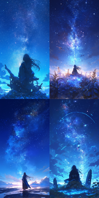 星空下宁静夜晚，仰望星空，人物闭眼深呼吸，面部表情平和，长发随风轻扬，身穿简约长袍，背景是浩瀚星空和微弱星光，广角镜头，低光环境，柔和光线，慢快门，静谧，深邃，宁静，心灵释放。