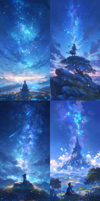 星空下的沉思者，仰望星空，深邃眼神，夜空繁星，银河横跨，宁静氛围，冷色调，长焦镜头，低光环境，慢快门，星轨，冥想，宁静，智慧，希望。