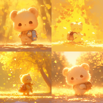 袖珍可爱小熊背书包，居中构图，动漫风格，地面有银杏叶，淡黄色圣光，特写镜头，暖色调，逆光，呆萌表情，治愈。