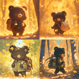 袖珍可爱小黑熊背书包，地面有银杏叶，动漫风格，淡黄色圣光，居中构图，森林环境，长焦镜头，暖色调，逆光，呆萌表情，温馨。