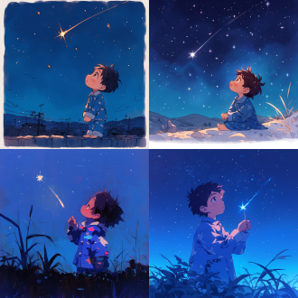小男孩仰望流星，居中构图，星空为背景，冷色调，标准镜头，顶光，穿普通睡衣，面带憧憬，双手合十，静谧氛围，幸福表情。
