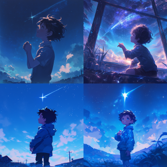 小男孩仰望流星，居中构图，星空背景，冷色调，标准镜头，顶光，穿普通童装，面带憧憬双手合十，静谧氛围，幸福表情，长曝光。