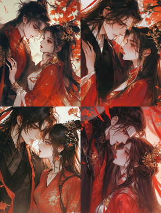 侧视图，古风，面对镜头，情侣，男性强势，男性摸女性脖子，精致五官，细腻笔触，质感服饰，华丽首饰，花卉背景，丰富背景，高对比度，超高分辨率，细腻笔触， 中国水墨 水墨插画