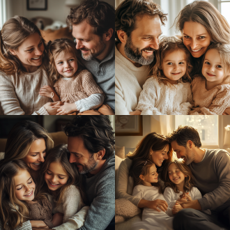 一家四口，父母与两个女儿，温馨家庭场景，室内客厅，自然光，中景镜头，柔和色调，微笑表情，亲密互动，和谐氛围，温暖情感。