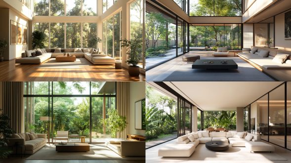 现代客厅，简约家具，大面积落地窗，自然光，室内绿植，开放式布局，中性色调，高清细节，舒适氛围。禅意风格，对角线构图，自然光照明，广角镜头，高分辨率，室内外融合，平静情绪。