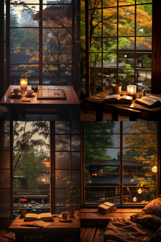 窗外雷雨交加，木屋内温馨情景，落地窗前，橘色暖光，榻榻米上，书本展开，安静阅读，室内暖色调，柔和侧光，慢快门，静谧，治愈系。