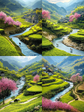 梯田，托江平原，贵州，中国，托马斯·金卡德风格，白色岩石，蓝色溪流，粉色油菜花，绿色草地，高角度俯视，明亮色彩，高光暗对比，广角镜头，自然光，静态构图，细腻质感，生动细节。