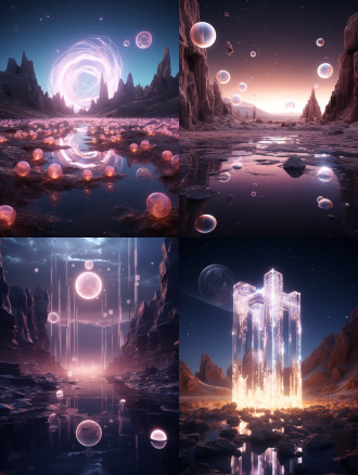 夜晚，超现实复杂cg渲染，透明圆晶体，星光，cg3d效果，体积光，超广角镜头，天空，粉白色光反射，丁达尔光效应，震撼现实8k细节，marc adamus景观摄影，立体现实光，对称，8k高清，2:3比例，原始风格，风格化750，版本3。