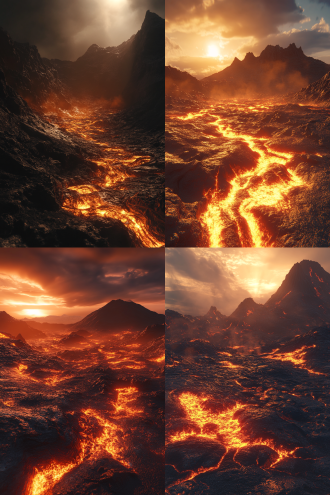 火山地表，岩石放光，内发光，熔岩石，远景火山火星火光，暖色调，广角镜头，逆光，高对比度，细节丰富，神秘感，震撼。 oc渲染器 360度全景 全景 艳棕 琥珀 熔岩光 火光