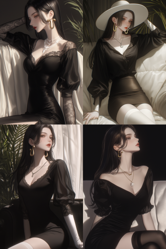 海贼王·女帝·波雅·汉库克，侧身侧脸，一只手举过头顶，坐在沙发上，美人痣，黑色婚纱，黑色短裙，腿，白色窗帘背景，8k，白色过膝袜