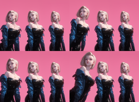 七龙珠·人造人·十八号，侧脸，黑色皮衣，手举高，深v领，8k，粉色背景