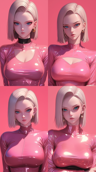 七龙珠·人造人·十八号，眼睛特写，手放在锁骨上，粉色皮质修身服，肩宽，御姐，气质优雅，成熟，，粉色背景，8k，