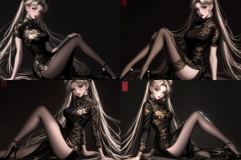 美少女战士·月野兔·水冰月，大长腿，高跟鞋，黑色碎花旗袍，黑色丝袜，黑色背景，16k分辨率。