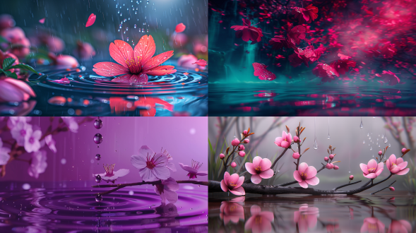 extreme close-up of raindrops hitting a water surface, slow motion, broken reflection of cherry blossoms in the water, heavy rain at night, ink painting texture, cinematic lighting with depth of field, dark mood, traditional chinese aesthetic,