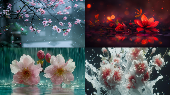 extreme close-up of raindrops hitting a water surface, slow motion, broken reflection of cherry blossoms in the water, heavy rain at night, ink painting texture, cinematic lighting with depth of field, dark mood, traditional chinese aesthetic,