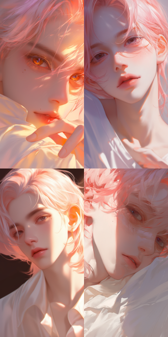 男性boy，((浅橙色渐变粉头发))，凌乱的发型，宽松的衬衫，面部特写，最高画质，绝美眼睛，长睫毛，清透，细腻渲染，蔡徐坤，李洙赫，绝美眼睛，细节五官，丰富细节，含情眼，美人痣，插画，少年感，朦胧美，雾蒙蒙，深色眼睛