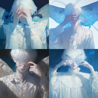 白发男孩，苍白皮肤，优雅蕾丝衬衫，巨大淡蓝飞蛾翅膀，遮眼，超现实数字艺术，萧荣成风格，梦幻场景，柔和光线，细腻纹理，神秘氛围，冷色调，静态动作，沉思表情。