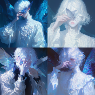 白发男孩，苍白皮肤，优雅蕾丝衬衫，巨大淡蓝飞蛾翅膀，遮眼，超现实数字艺术，萧荣成风格，梦幻场景，柔和光线，细腻纹理，神秘氛围，冷色调，静态动作，沉思表情。