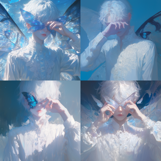 白发男孩，苍白皮肤，优雅蕾丝衬衫，巨大淡蓝飞蛾翅膀，遮眼，超现实数字艺术，萧荣成风格，梦幻场景，柔和光线，细腻纹理，神秘氛围，冷色调，静态动作，沉思表情。