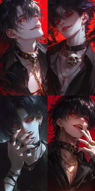 帅气青年，项圈，骷髅珠宝，狞笑，尖牙，病娇，黑发，魅力红眼，动漫美学，面部细节，眼睛细致，角色肖像，超高质量，摄影风格，电影氛围，忧郁黑暗，电影光效，艺术杰作，清晰面部，精细cg，8k