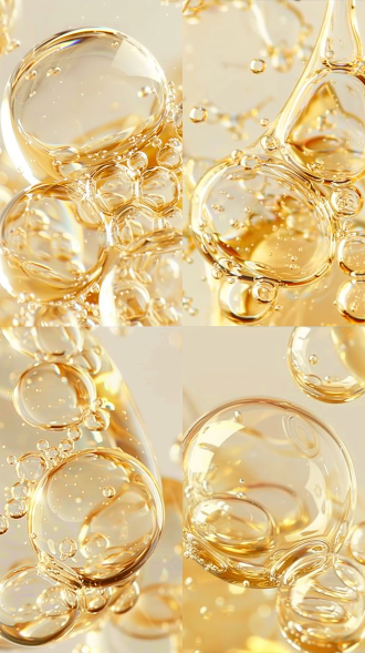 molecular cellular organization, filled with light yellow liquid, floating in a light yellow essence, surrounded by air bubbles, creating a soft interplay of light and shadow, with distinct texture details and fine color, studio lighting, high resolution, overall composition symmetrically balanced, evoking a sense of luxury, suitable for skincare design, product photography style, with distinct texture details and fine color.