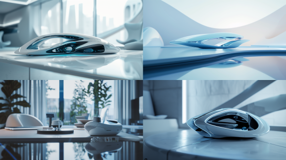 索尼尼康苹果13 pro max，扎哈·哈迪德风格，桌上，ai主题，产品介绍照，变形宽屏，哈尼特风格，蓝白色调，高渲染，特写，冷光，精致，科技感。