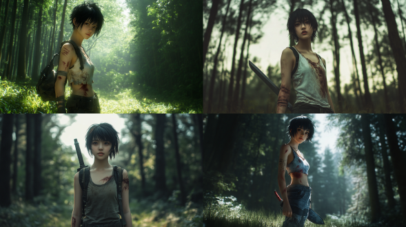 19岁中国帅气少女站森林草地，参天大树环绕，持匕首，黑短碎发，自然微笑，穿无袖t有伤痕，带探险装备，写实，广角全身，自然光，柔和色调，神秘梦幻，细节丰富，艺术感。