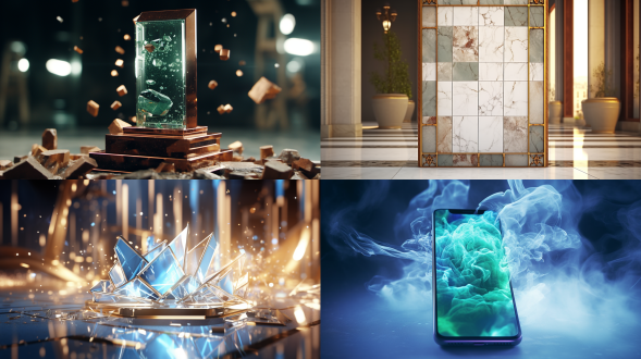 “极简奢华的智能手机显示屏背景，，8k 分辨率，超精细渲染 -ar 9:16 -style raw “水磨石质感”“植物阴影效果”“带有薄荷点缀的大地色调”带有浮动水晶颗粒的液态水银表面，电影般的边缘照明，带有电光蓝点缀的单色银，黄金比例构图，奢华科技广告风格”