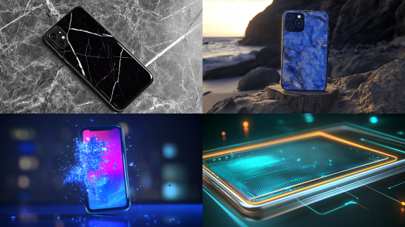 “简约奢华的智能手机显示屏背景，8k 分辨率，超精细渲染、电影级边缘照明、带有电光蓝装饰的单色银、黄金比例构图、奢华科技广告风格 "金属磨砂玻璃碳纤维 x 液态大理石光线轻抚，发光粒子在周围跳舞