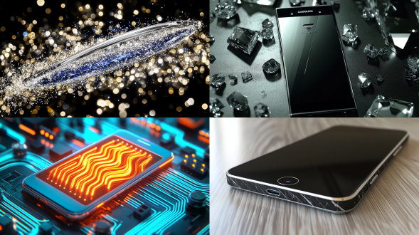 “简约奢华的智能手机，8k 分辨率，超精细渲染、电影级边缘照明、带有电光蓝装饰的单色银、黄金比例构图、奢华科技广告风格 "金属磨砂玻璃碳纤维 x 液态大理石光线轻抚，发光粒子在周围跳舞