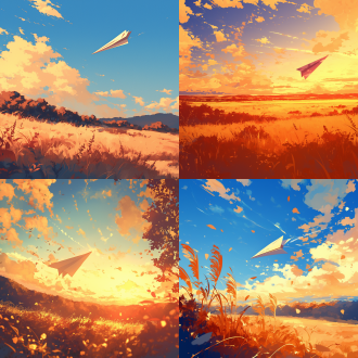 旷野秋景夕阳下，纸飞机飞翔天空，水平构图，低饱和度，开阔场景，长焦镜头，逆光，慢动作，翱翔，橙黄色调，宁静。