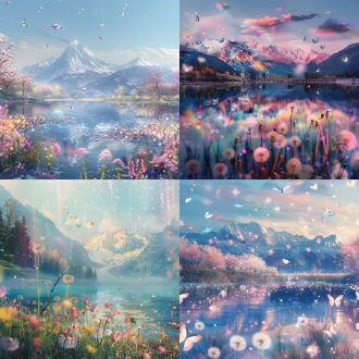 彩虹花海淹没山谷，发光蒲公英浮晨雾，蝴蝶穿梭樱花雨，雪山映湖，对角线构图，柔焦，暖光，梦幻色彩，治愈氛围。