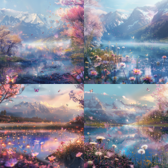 彩虹花海淹没山谷，发光蒲公英浮晨雾，蝴蝶穿梭樱花雨，雪山映湖，对角线构图，柔焦，暖光，梦幻色彩，治愈氛围。