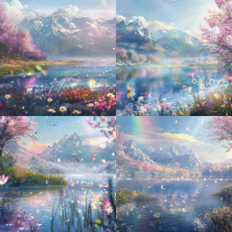 彩虹花海淹没山谷，发光蒲公英浮晨雾，蝴蝶穿梭樱花雨，雪山映湖，对角线构图，柔焦，暖光，梦幻色彩，治愈氛围。